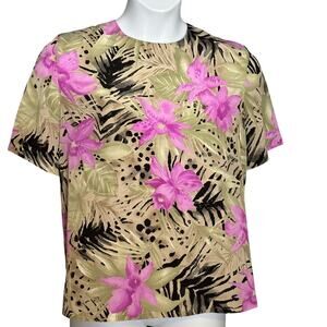 Kathy Che Vintage Short Sleeve Blouse Sz Large Elegant Tropical Career Glam Top